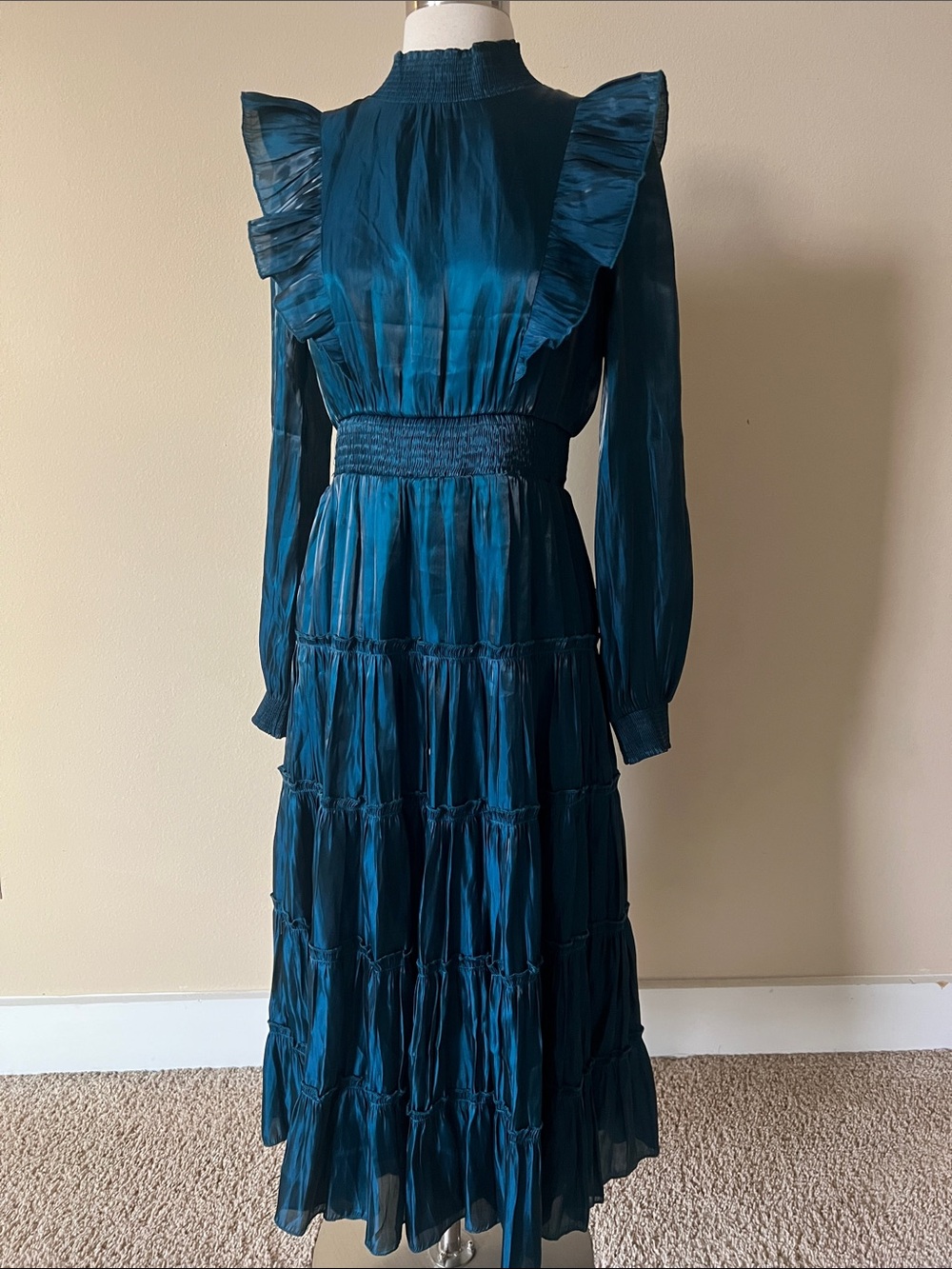 TCEC Deep Teal Ruffled Long-Sleeve Midi Dress